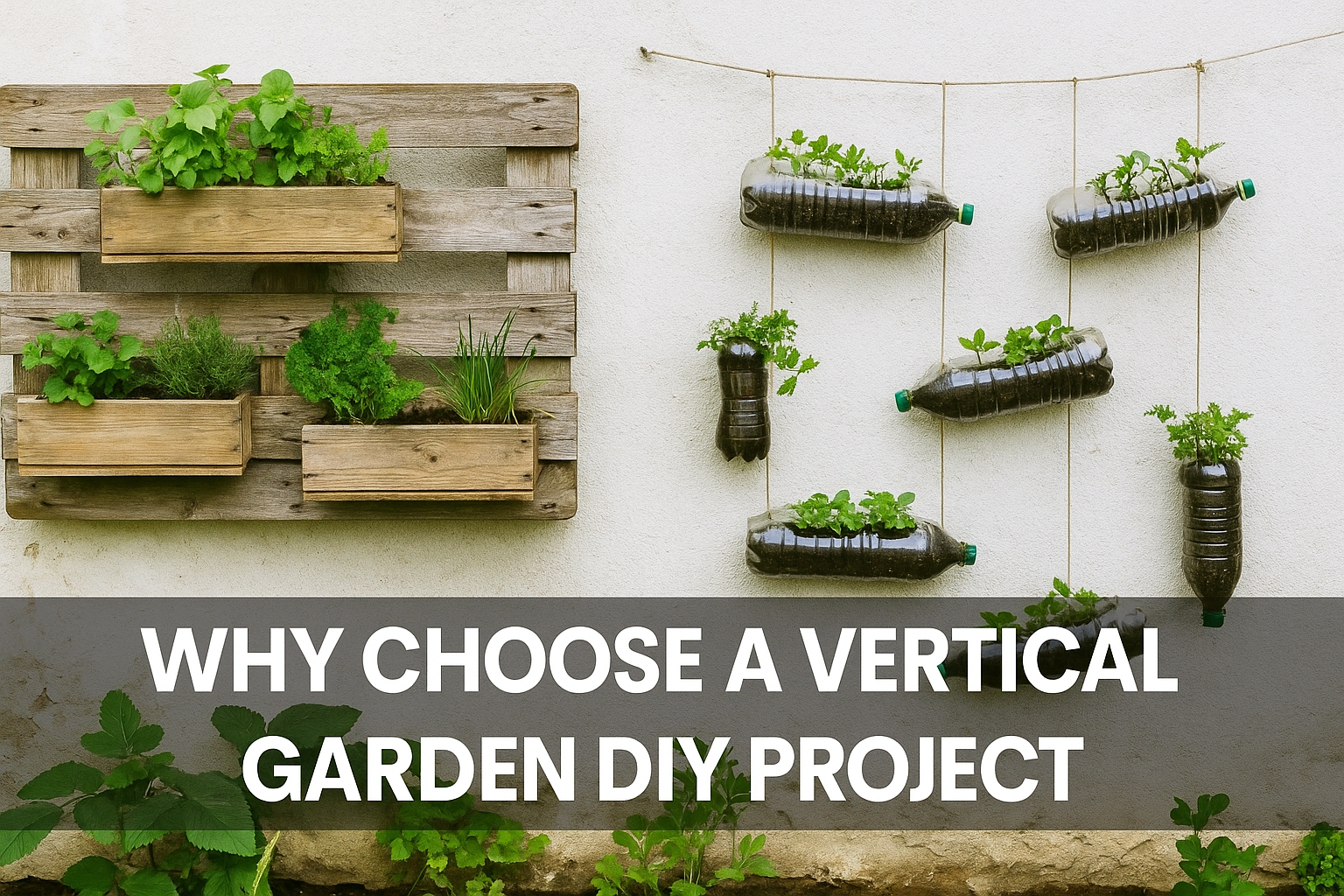 DIY Vertical Garden Project Featuring Recycled Plastic Bottle Planters and Wooden Pallet Herb Garden for Eco-Friendly Small Space Gardening